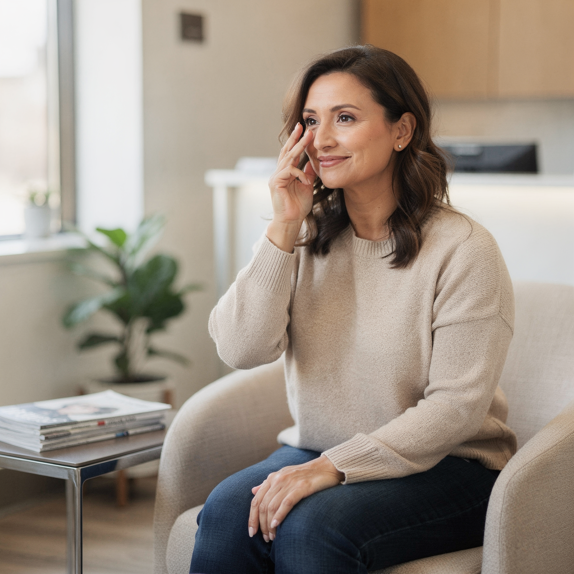 Woman sitting in a modern clinic waiting room, touching her face thoughtfully